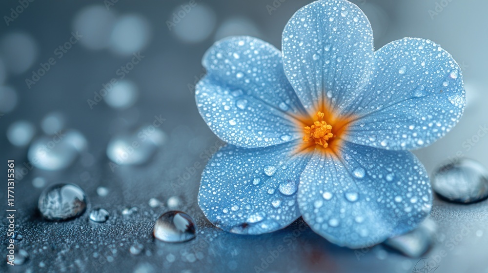 Fototapeta premium Delicate blue flower with water droplets (1)