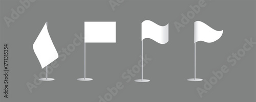 Set of White waving flag on flagpole. Various flag mokeup on pole. Flag or banner mockup with copy space isolated on white background.