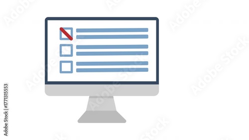Rejected checkmark on digital task verification icon in cartoon animation, Failed e-assessment monitoring sign