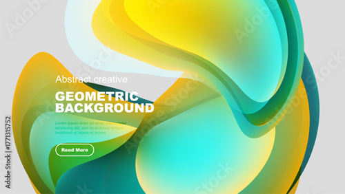 Fluid shapes blend, creating vibrant geometric background. Yellow, teal, orange hues dominate design. Modern aesthetic.