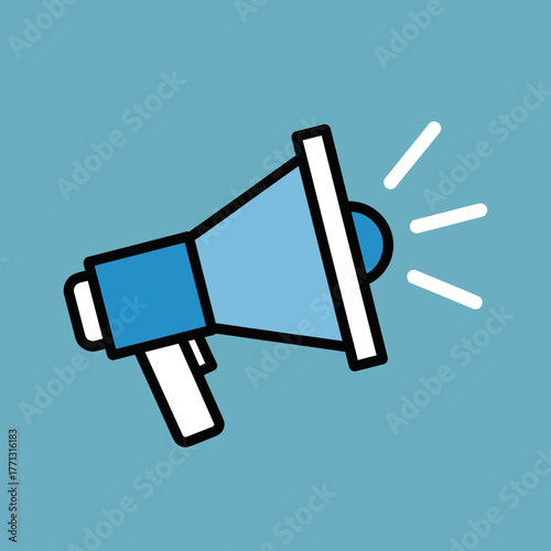 A blue megaphone with white accents and sound waves emanating from it.