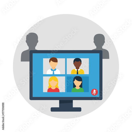 Computer screen showing four people in a video call with muted microphone.