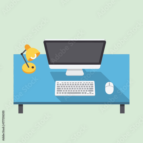 Computer keyboard mouse and lamp on a desk viewed from above.