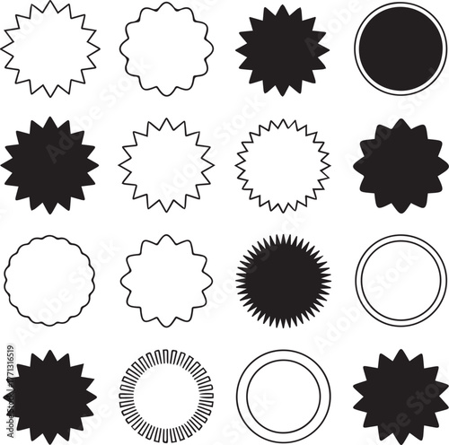 Starburst badge icon set Black solid and outline promo sticker shape collection Vector graphic elements