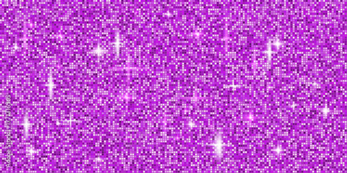 Purple disco ball mosaic background with mirror glitter texture and shiny sparkles. Festive pattern with glamorous touch to any Christmas or party design. Vector illustration.