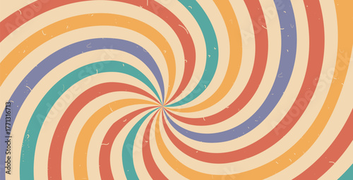 Groovy swirl rainbow starburst background. Retro spiral vertigo rays abstract illustration. Vector wavy retro decoration. Radial carnival stripes vintage backdrop. Sunburst 70s pop art design.