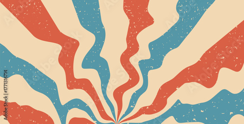 Groovy red and blue circus pinwheel with noise texture. Retro starburst background. Sun rays illustration. Vector wavy carnival decoration. Radial stripes backdrop. Sunburst 70s pop art design.