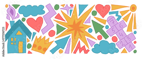 Naive childish doodles crayon drawn set. House, sun and hopscotch game. Cute kid scribble icons collection background. Childish chalk drawings. Hand drawn cute kindergarten vector illustrations.