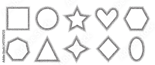 Noise geometric shapes frames set. Grainy textured black y2k brush stroke line frame callouts elements. Heart, triangle, star and circle dotwork text boxes. Vector gritty stickers forms.