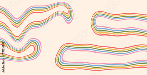 Groovy rainbow abstract lines background. Wavy dynamic stripes vintage colors cover. Playful liquid squiggle wave arch wall design. Vector retro beige wiggle ornament.