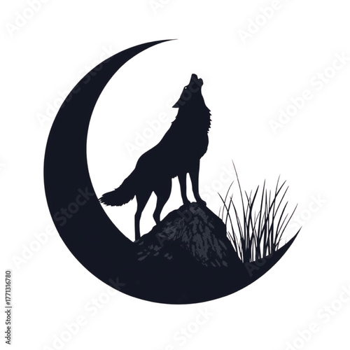 Dark silhouette of a wolf howling at a dark moon crescent moon