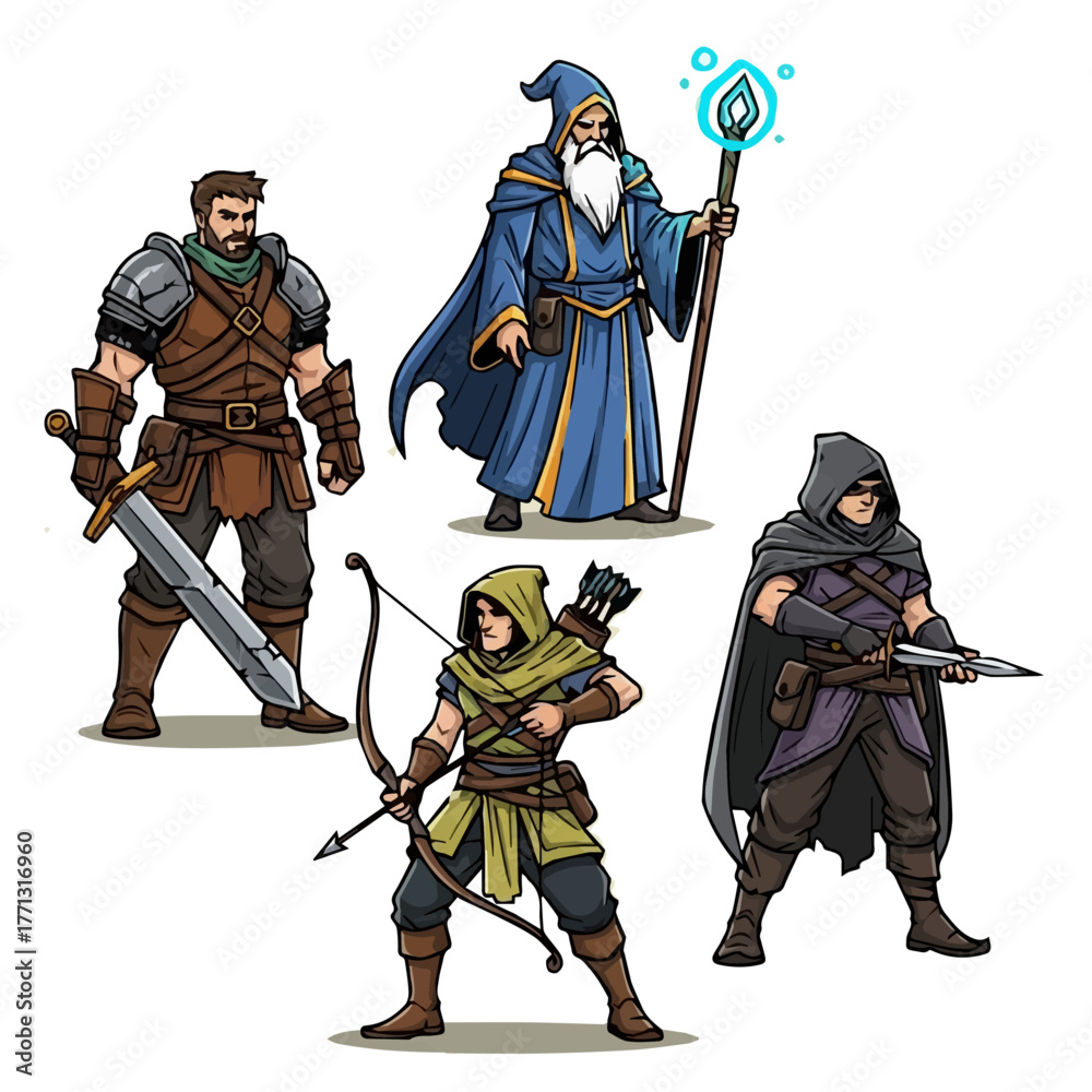 Fototapeta premium Four fantasy role-playing game characters, including a warrior, wizard, archer, and rogue, depicted in a vibrant cartoon style.