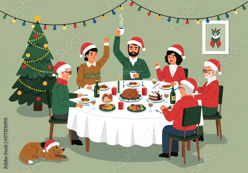 A happy multi-generational family celebrates Christmas or New Year's Eve with a festive dinner, toasting with drinks at a table decorated with food and candles. A cozy holiday scene of Christmas.	