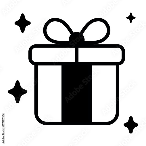 Gift box icon vector with ribbon and stars representing reward, bonus, and celebration, manually traced for solid black style and clean modern vector design.