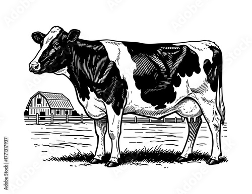 Cow in field with barn background in black and white style