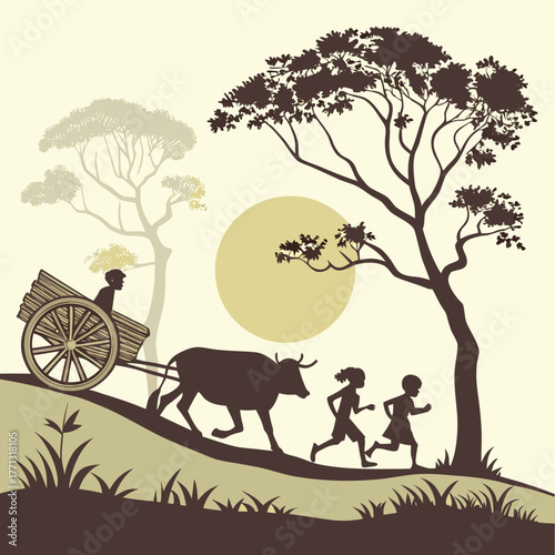 Village Sunset: A Silhouette of Rural Life.

