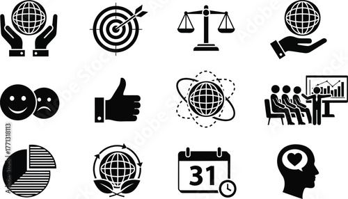 Business strategy icons global business goals and target achievements