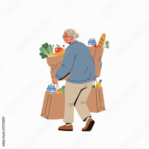 Senior woman carrying heavy shopping bags full of groceries
