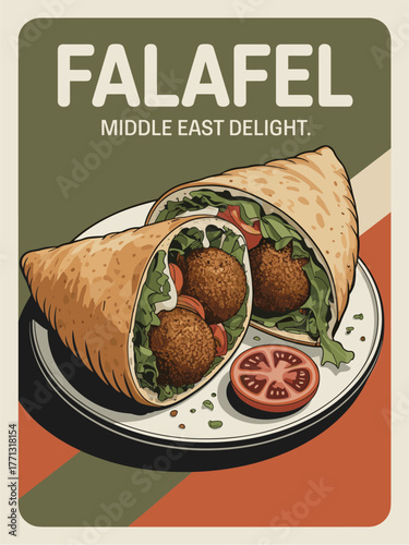 Retro food poster featuring a pita filled with falafel balls, lettuce, tomato, and sauce. Art deco layout with “FALAFEL” and “MIDDLE EAST DELIGHT” in olive green, beige, and rust tones.