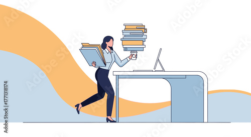 Busy Businesswoman Balancing Documents and Coffee in a Fast-Paced Office Environment