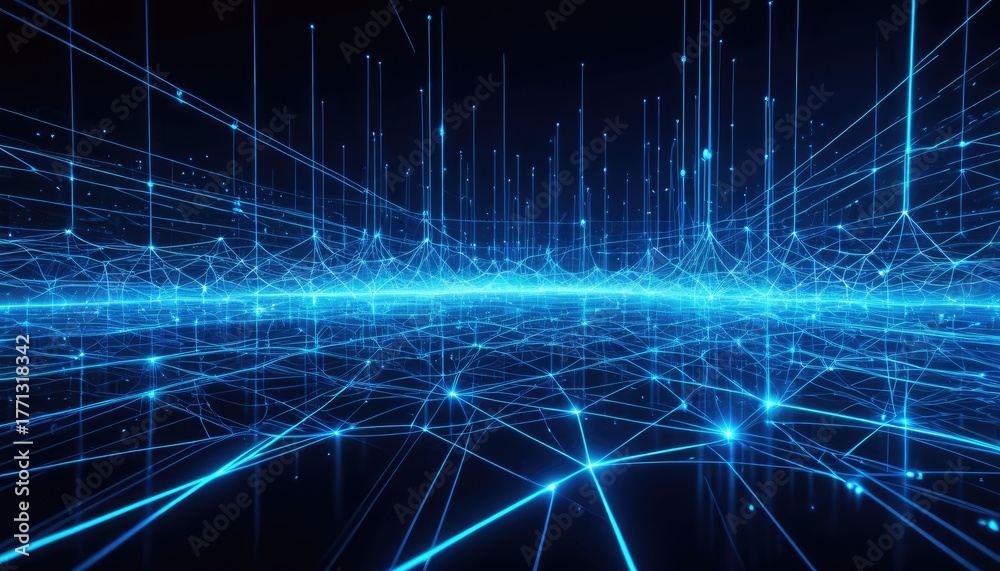 Fototapeta premium Abstract Digital Landscape: Glowing Blue Network of Lines and Nodes - Futuristic Technology Background