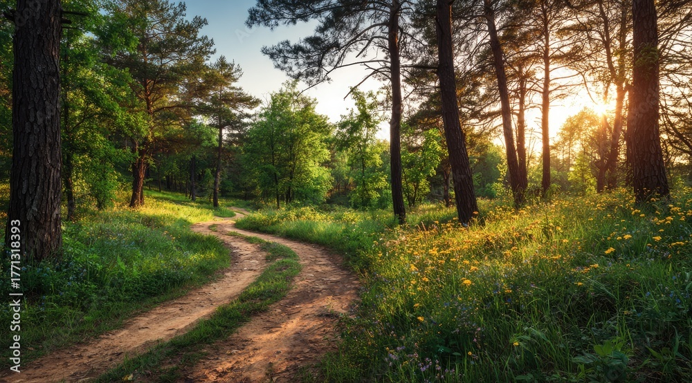Fototapeta premium Sunlit forest path winding through wildflowers