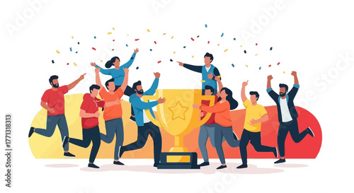 Celebrating Success: Diverse Team Joyfully Embracing Victory and Holding the Trophy
