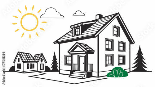 Sunny Day with Solar-Powered Houses in a Clean Illustrative Style
