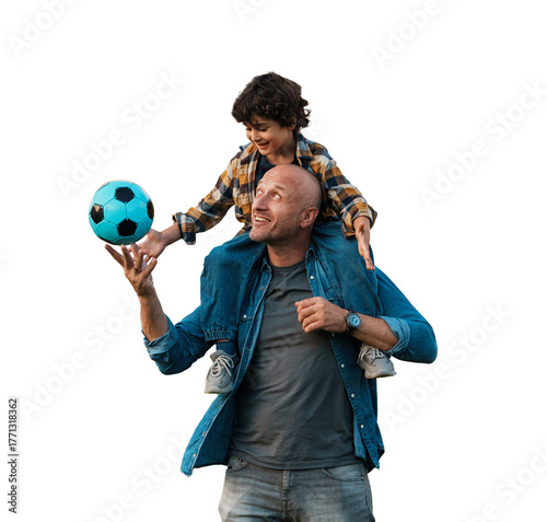 A joyful father carries his child on shoulders, balancing a soccer ball, against a transparent  background, symbolizing fun and bonding.