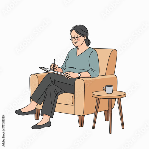 Elderly woman sitting in a chair and writing in a notebook