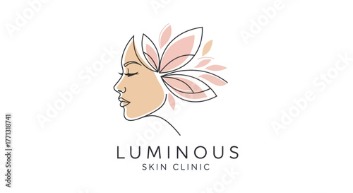 Elegant line art logo of a womans face with flowers for a skin clinic.