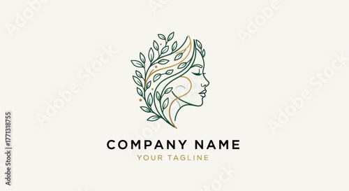 Elegant line art logo of a womans face with natural leaves for hair.