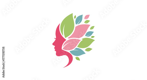 Abstract beautiful woman face profile with colorful leaf hair.