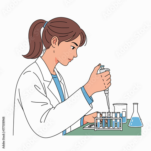 Female scientist conducts precise laboratory experiments using a pipette and test tubes