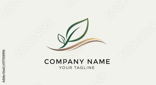 Elegant Green Leaf Logo Design with Wavy Line Element.