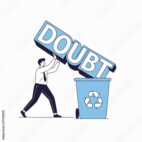 Professional removes 'DOUBT' into recycling bin fostering clarity and positive transformation