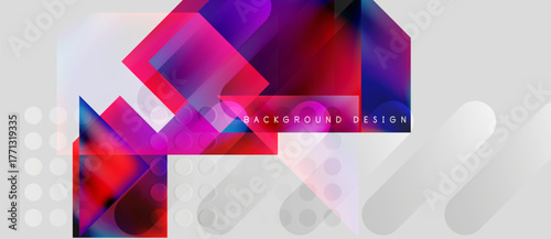 Abstract geometric shapes, vibrant colors, modern design. Overlapping layers create dynamic visual effect. Gray circles add texture.