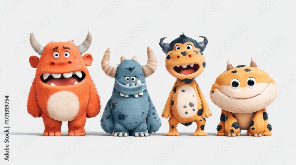 Naklejka premium Cute Colorful Monsters with Unique Features and Expressions