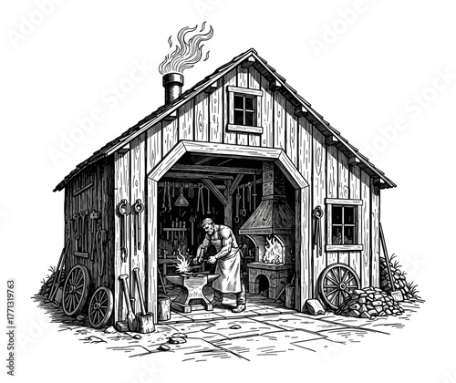 Blacksmith forging in workshop against white background