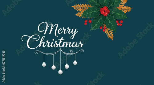 Merry christmas greeting card with poinsettia flower, christmas ball and christmas ornament on dark green background christmas background christmas card concept