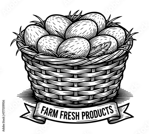 Basket of farm fresh eggs in line art style in black and white