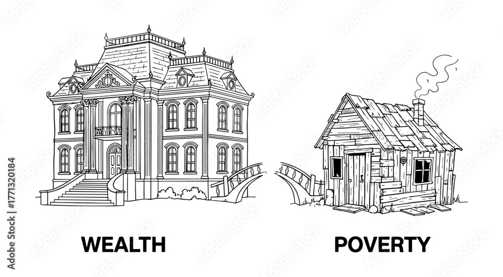 Fototapeta premium Wealthy mansion and poor shack in line art style in black and white colors
