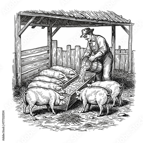 Farmer feeding pigs in pen against white background