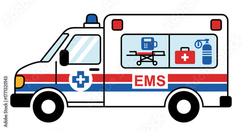 Ambulance with EMS logo in flat style