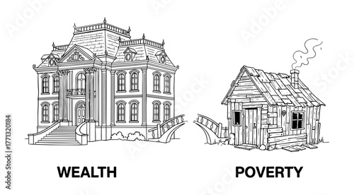 Wealthy mansion and poor shack in line art style in black and white colors