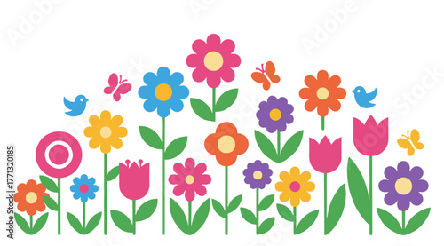 Colorful flowers and butterflies in flat design style