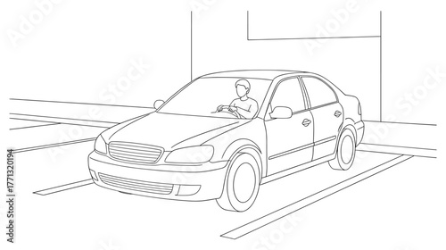 Man driving a car against a minimalist line art style