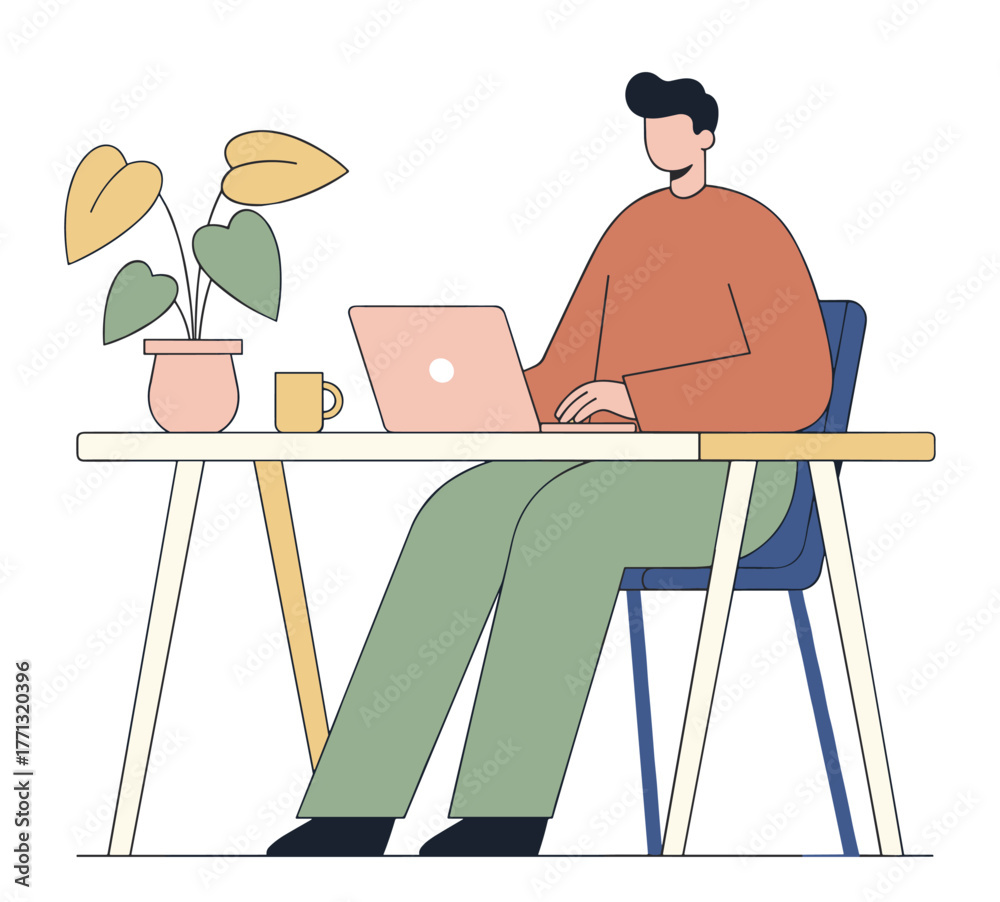 Fototapeta premium Man working at desk in minimalist flat illustration in pastel colors