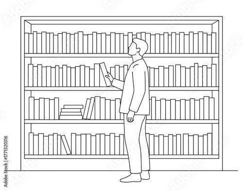 Man browsing bookshelf holding book against library background