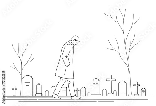 Man walking through cemetery in black and white